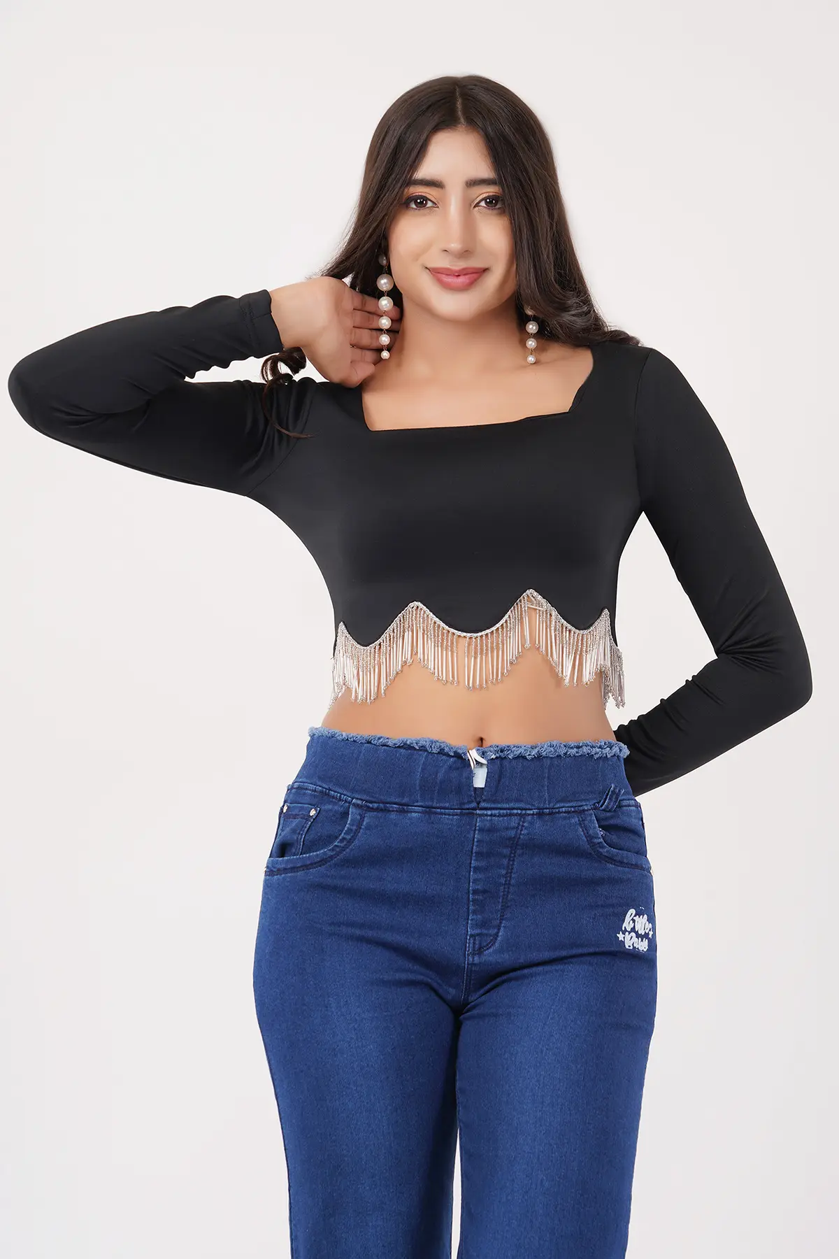 Full Sleeve Square Neck Black Top