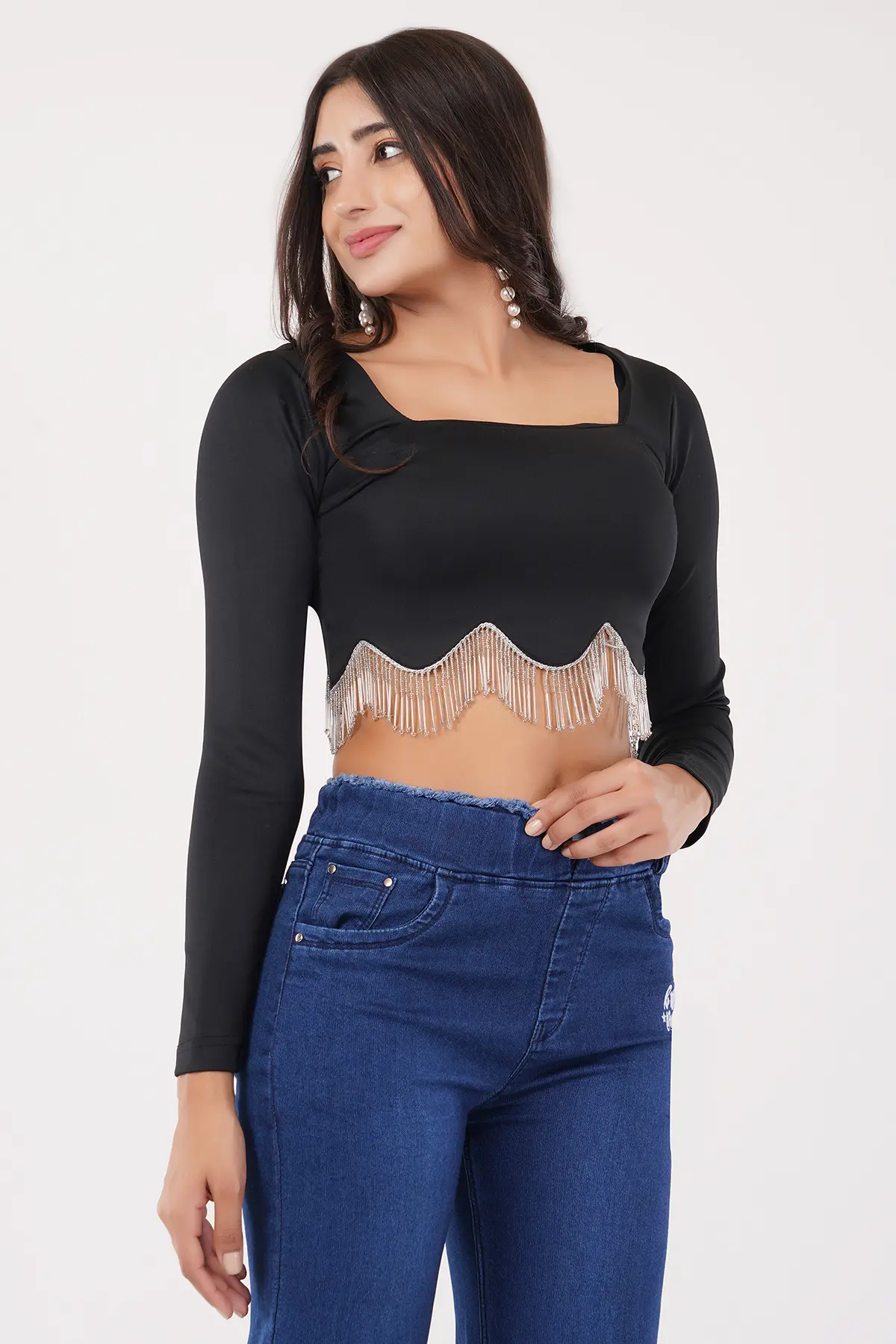 Full Sleeve Square Neck Black Top