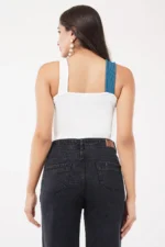 Corset Style Ribbed Top Contrast White & Dusty Blue