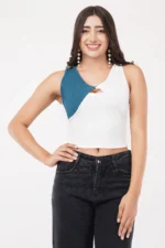 Corset Style Ribbed Top Contrast White & Dusty Blue