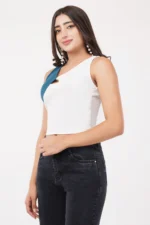 Corset Style Ribbed Top Contrast White & Dusty Blue