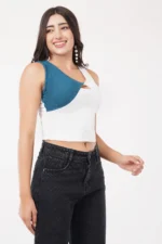 Corset Style Ribbed Top Contrast White & Dusty Blue