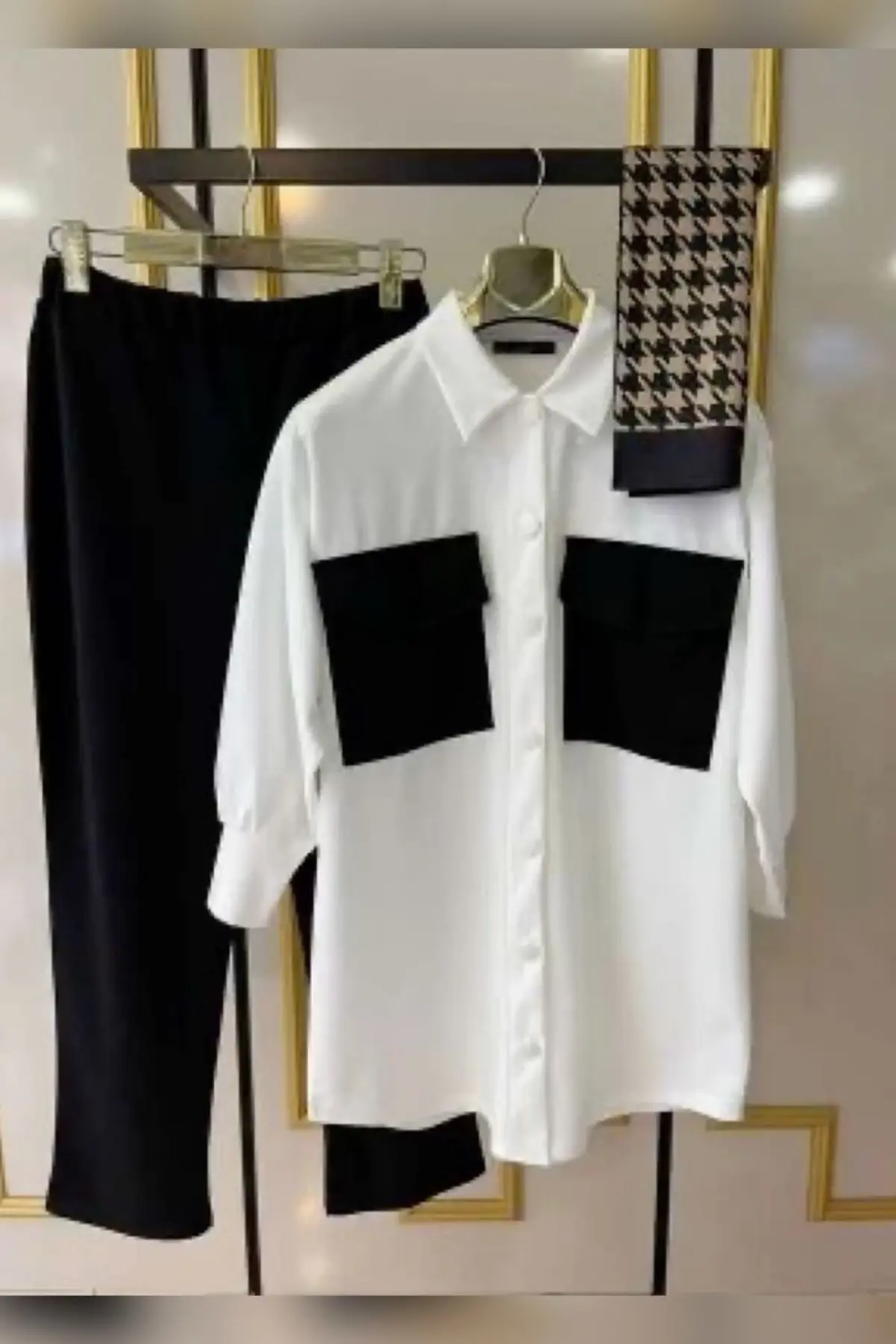 Loose Fit White & Black Cotton Casual Shirt & Pant