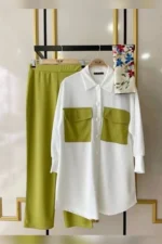 Loose Fit White & Green Cotton Casual Shirt & Pant