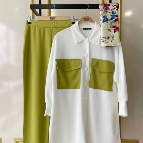 Loose Fit White & Green Cotton Casual Shirt & Pant
