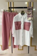 Loose Fit White & Pink Cotton Casual Shirt & Pant