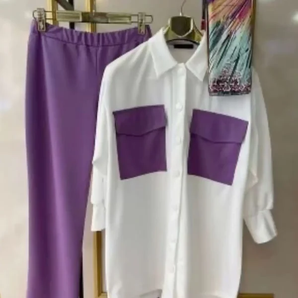 Loose Fit White & Purple Cotton Casual Shirt & Pant
