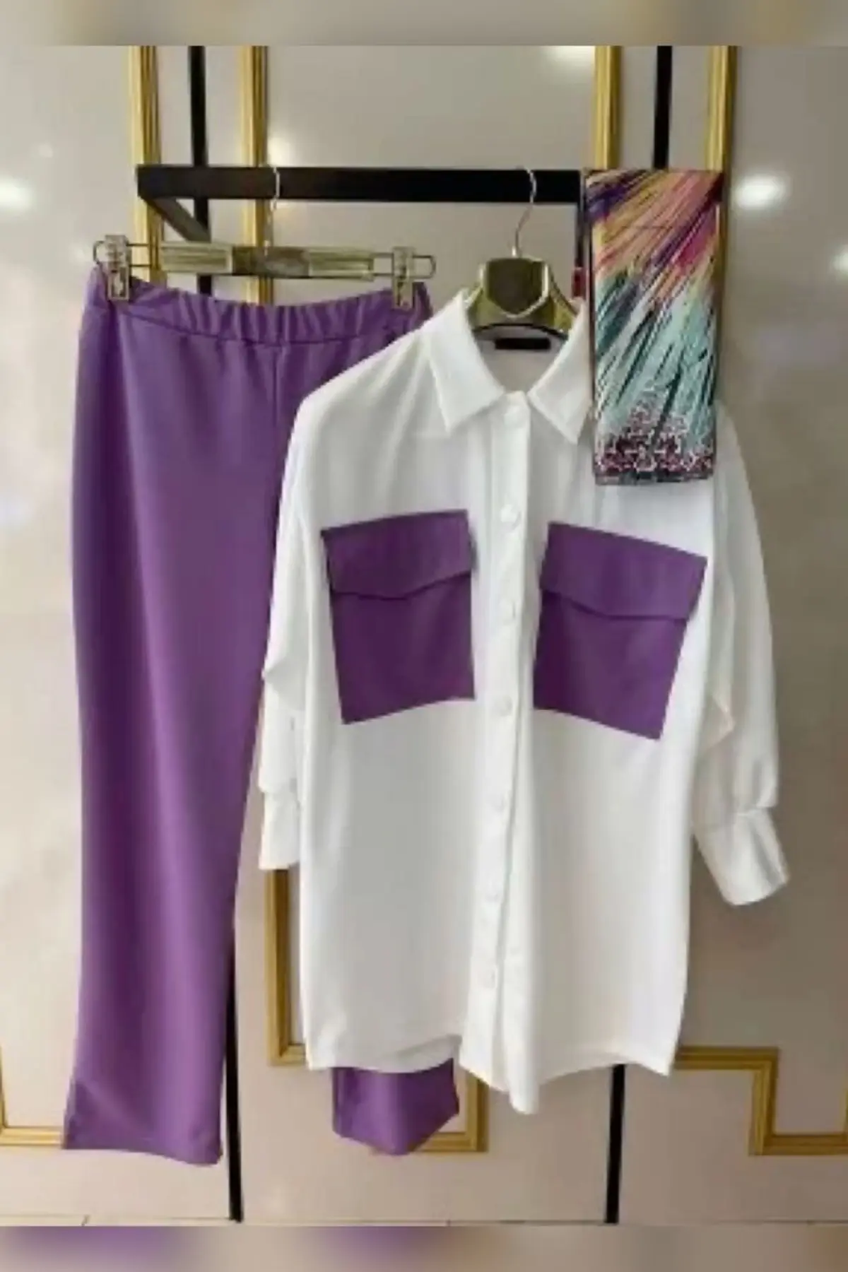 Loose Fit White & Purple Cotton Casual Shirt & Pant