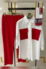 Loose Fit White & Red Cotton Casual Shirt & Pant