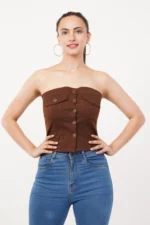 Brown Cotton Crop Denim Jacket