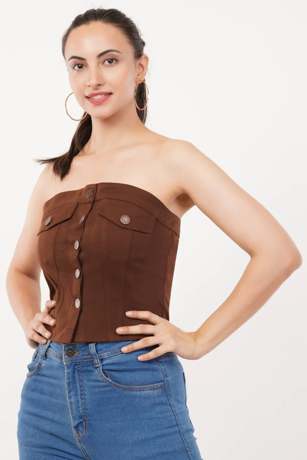 Brown Cotton Crop Denim Jacket-2