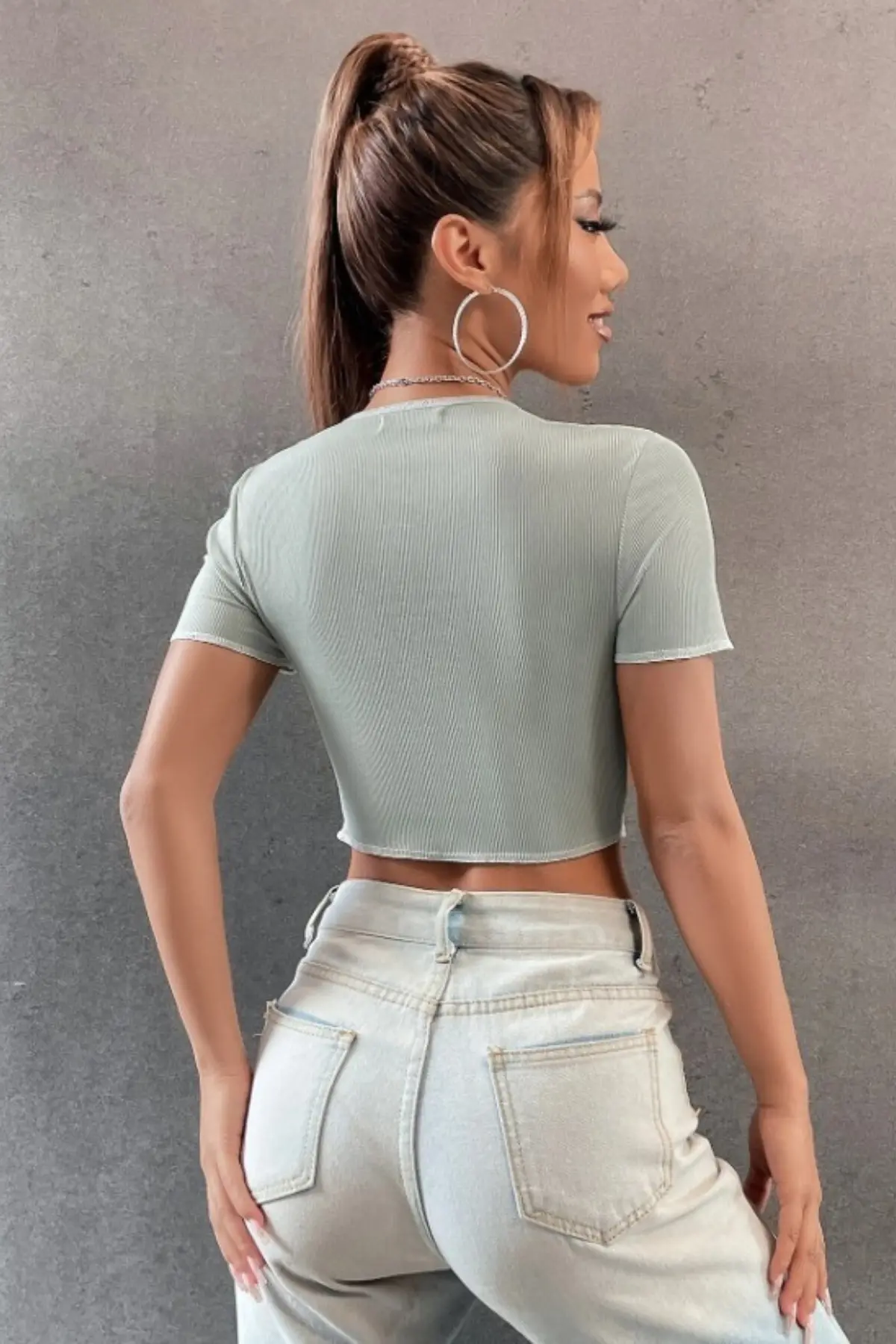 Notch Neck Rib Knit Colorblock Crop top - Fashoday