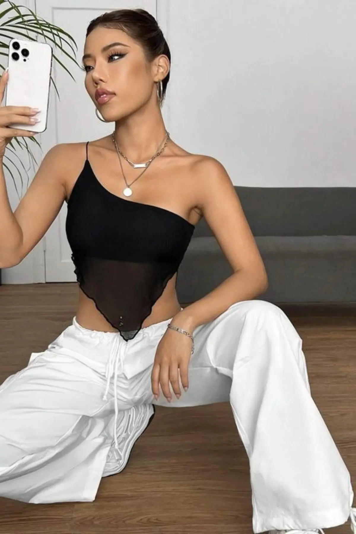 One Shoulder Asymmetrical Hem Crop Mesh Top - Fashoday