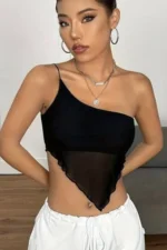 One Shoulder Asymmetrical Hem Crop Mesh Top