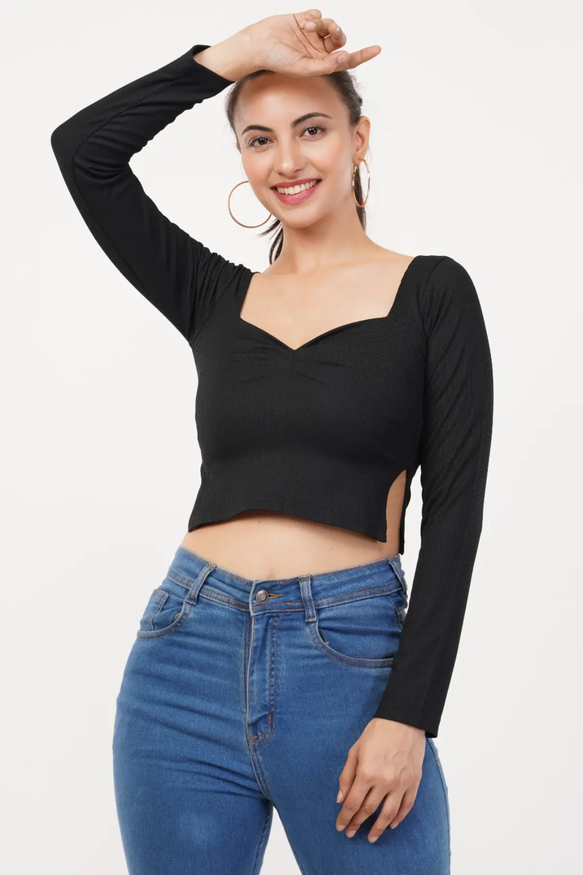 Spring New Arrival Black Sweetheart Neckline Long Sleeve Pleated T-Shirt With Side Slits