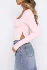 Spring New Arrival Light Pink Sweetheart Neckline Long Sleeve Pleated T-Shirt With Side Slits