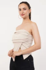 Summer Solid Pleated Strapless Top With Hemline And Split Front