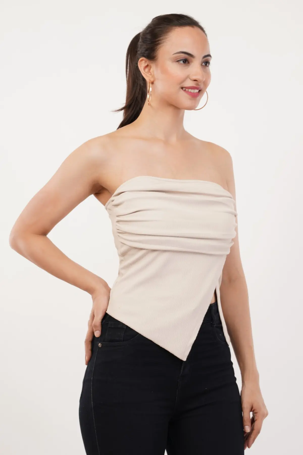 Summer Solid Pleated Strapless Top With Hemline And Split Front