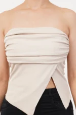 Summer Solid Pleated Strapless Top With Hemline And Split Front